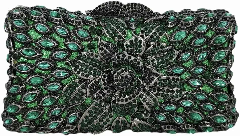 Women Sparkling Rose Crystal Evening Clutch Floral Rhinestone Wedding Purse Chic Flower Handbag for Prom Dating