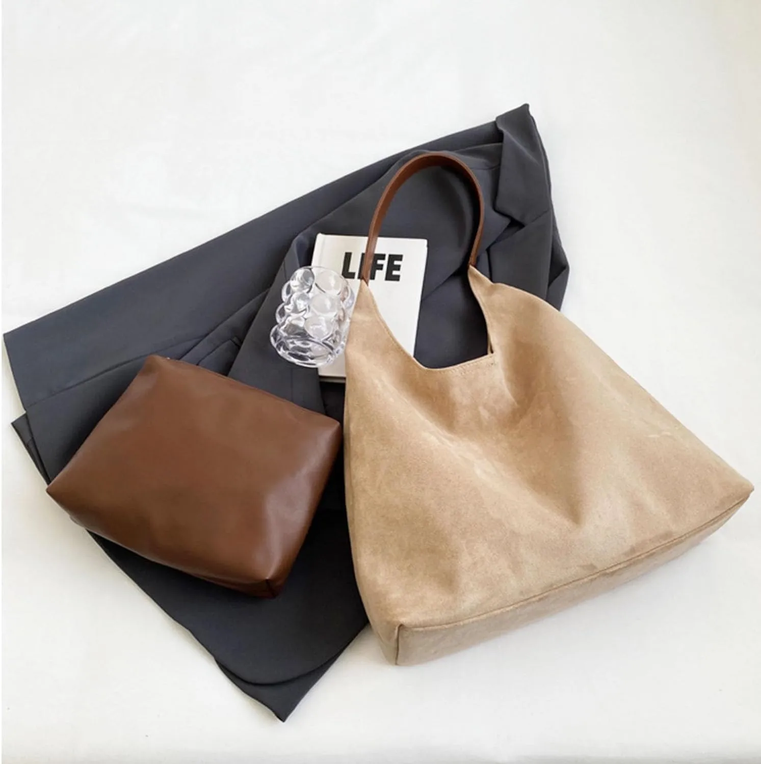 Women Suede Hobo Bags - Vintage Leather Slouchy Shoulder Tote Handbag