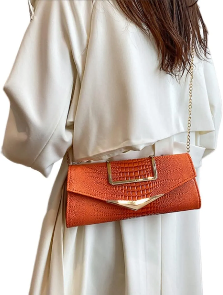 Women Vegan Leather Evening Handbag Crocodile Pattern Handle Clutch Purse Cross Body Envelope Bag