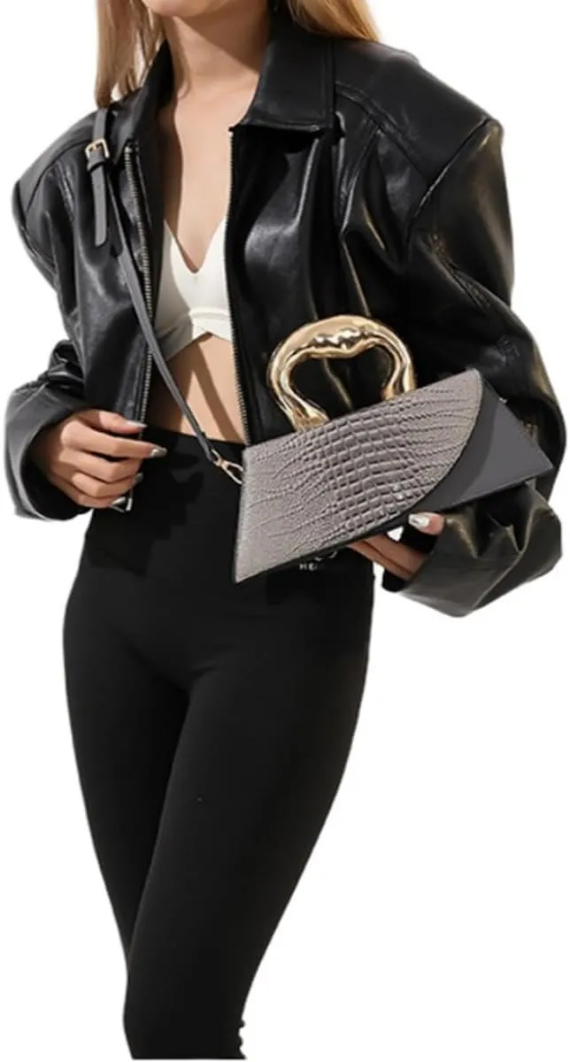 Women Vegan Leather Evening Handbag Crocodile Pattern Handle Clutch Purse Cross Body Envelope Bag