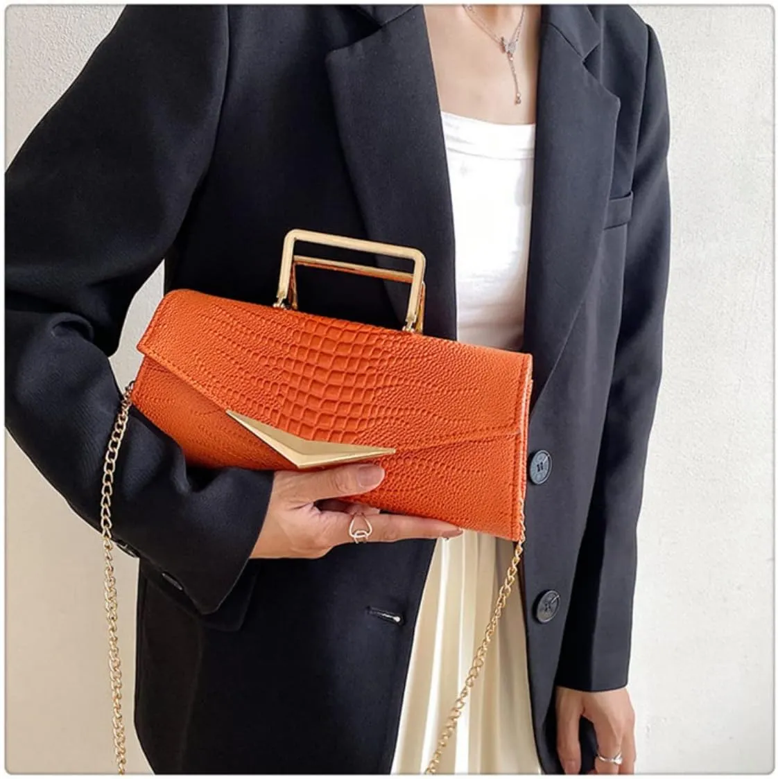 Women Vegan Leather Evening Handbag Crocodile Pattern Handle Clutch Purse Cross Body Envelope Bag