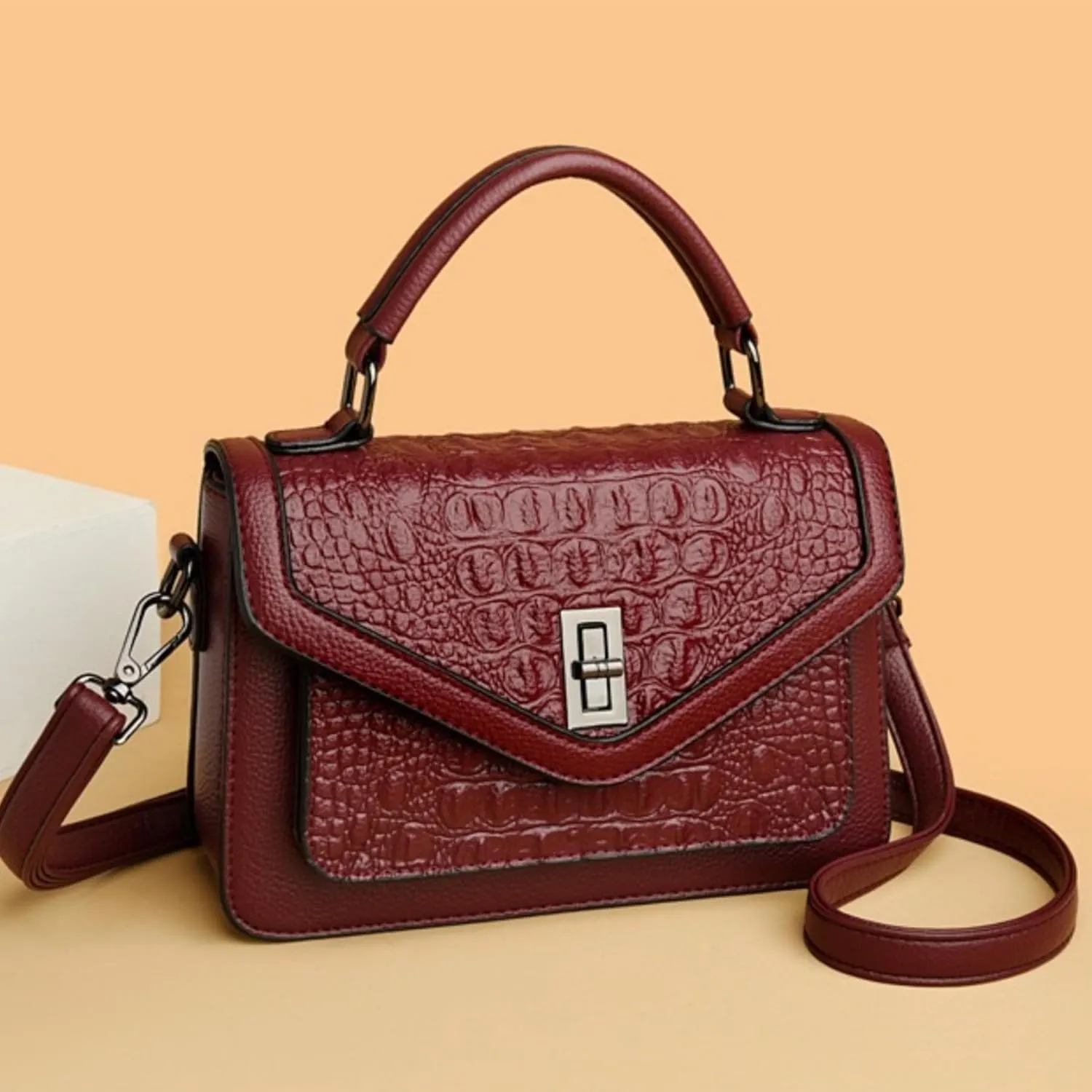 Women Vegan Leather Evening Handbag Crocodile Pattern Handle Clutch Purse Cross Body Envelope Bag