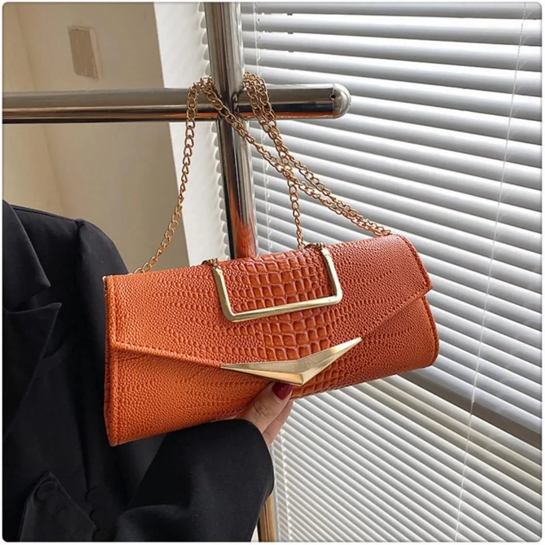 Women Vegan Leather Evening Handbag Crocodile Pattern Handle Clutch Purse Cross Body Envelope Bag