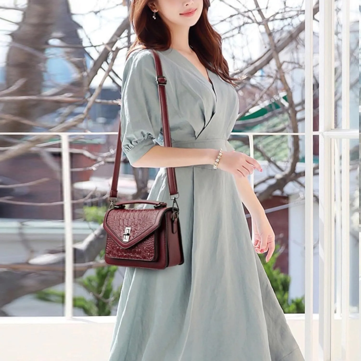 Women Vegan Leather Evening Handbag Crocodile Pattern Handle Clutch Purse Cross Body Envelope Bag