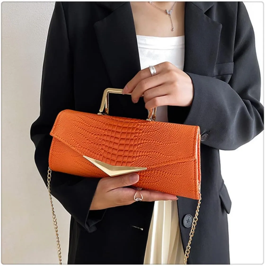 Women Vegan Leather Evening Handbag Crocodile Pattern Handle Clutch Purse Cross Body Envelope Bag