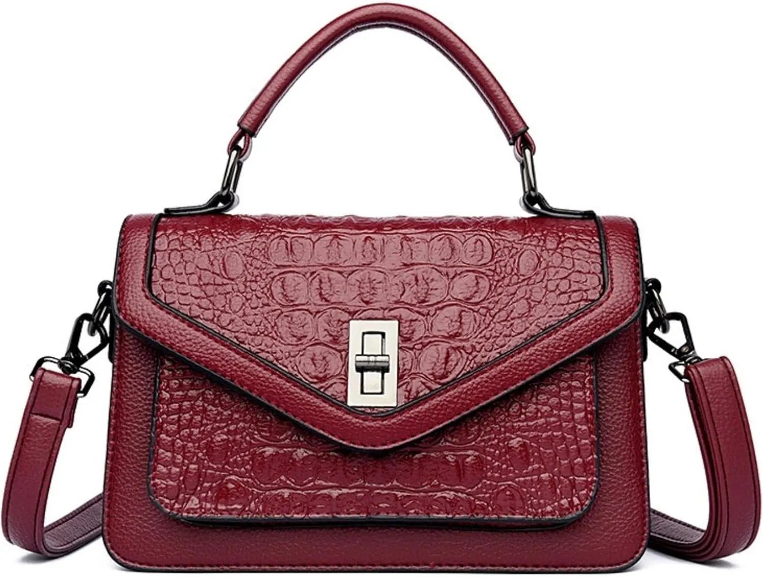 Women Vegan Leather Evening Handbag Crocodile Pattern Handle Clutch Purse Cross Body Envelope Bag