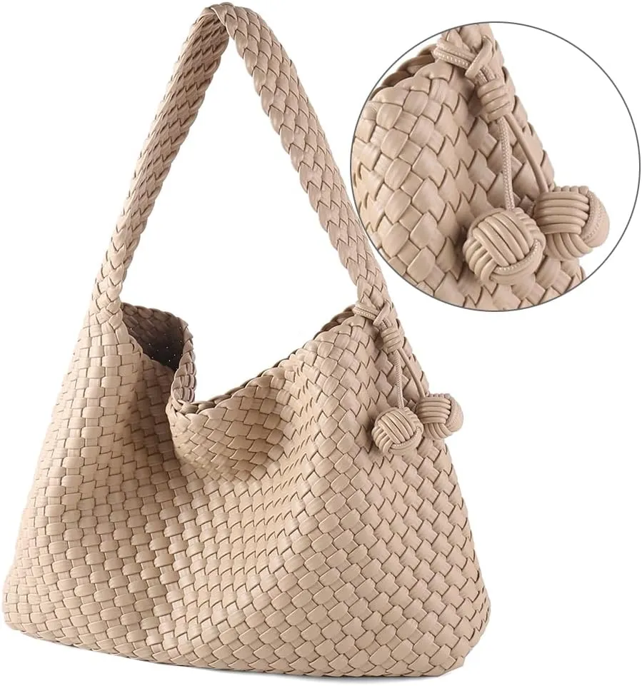 Women Vegan Leather Hand-Woven Tote Handbag Fashion All-Match Underarm Bag with Purse Soft Summer Hobo Tote Bag