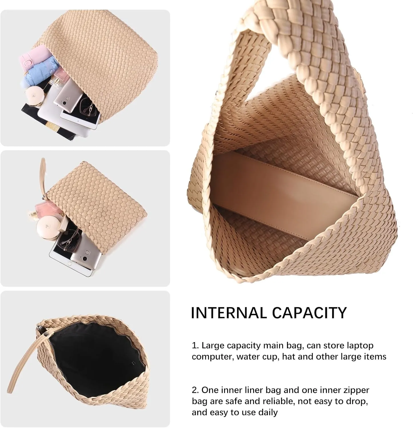 Women Vegan Leather Hand-Woven Tote Handbag Fashion All-Match Underarm Bag with Purse Soft Summer Hobo Tote Bag