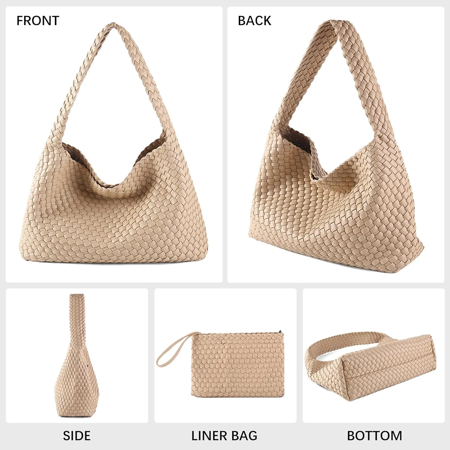 Women Vegan Leather Hand-Woven Tote Handbag Fashion All-Match Underarm Bag with Purse Soft Summer Hobo Tote Bag