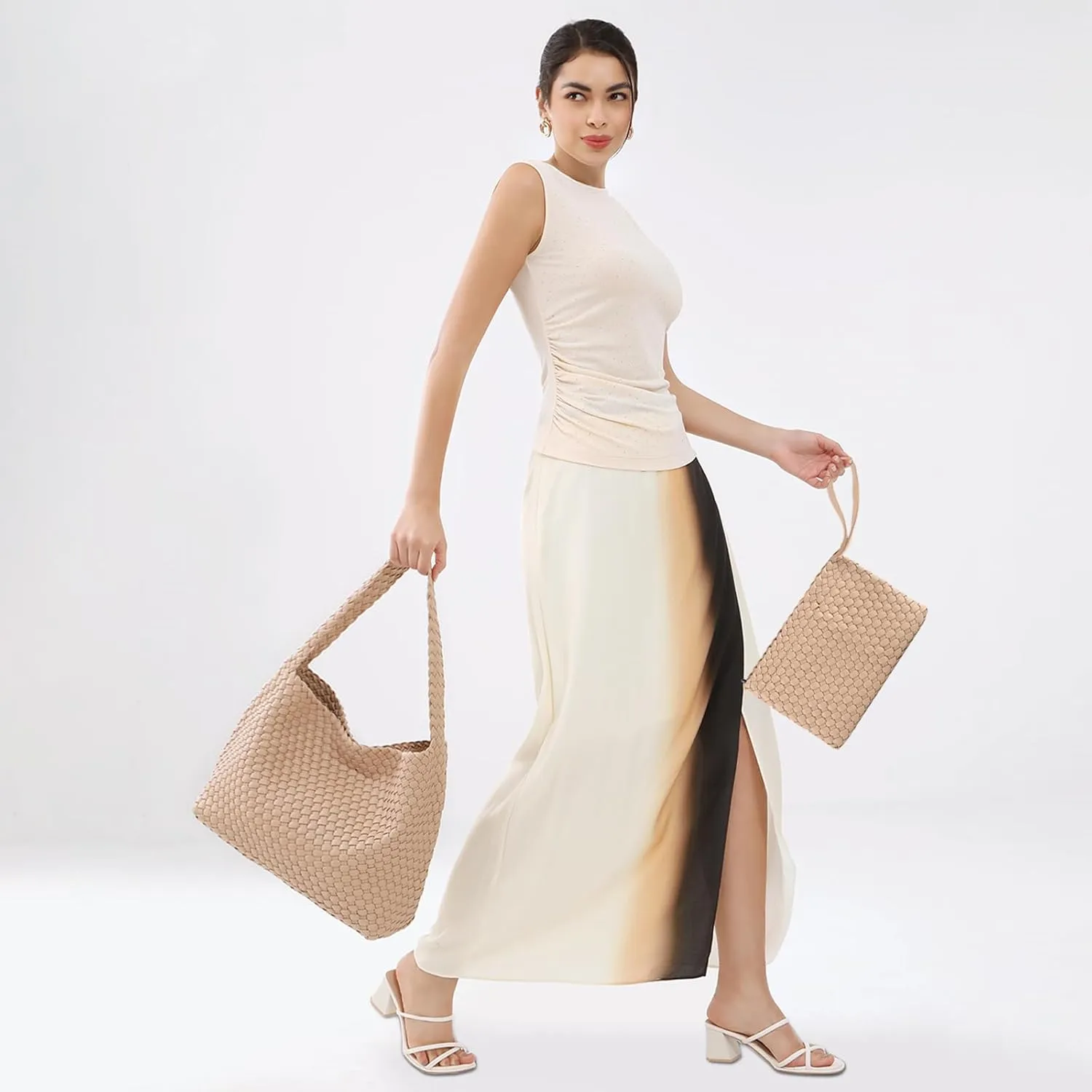 Women Vegan Leather Hand-Woven Tote Handbag Fashion All-Match Underarm Bag with Purse Soft Summer Hobo Tote Bag