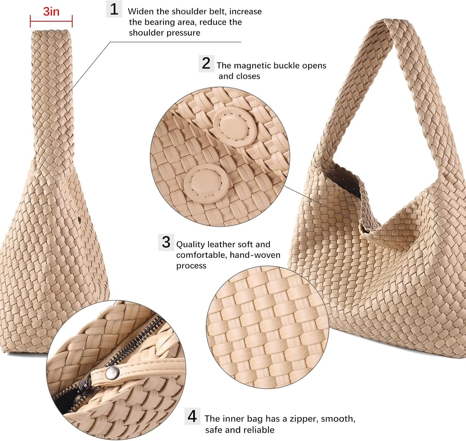 Women Vegan Leather Hand-Woven Tote Handbag Fashion All-Match Underarm Bag with Purse Soft Summer Hobo Tote Bag