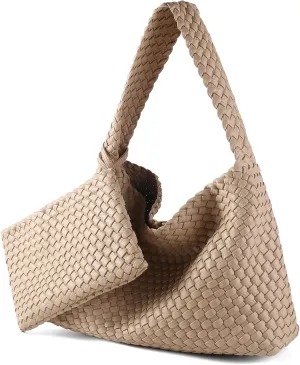 Women Vegan Leather Hand-Woven Tote Handbag Fashion All-Match Underarm Bag with Purse Soft Summer Hobo Tote Bag
