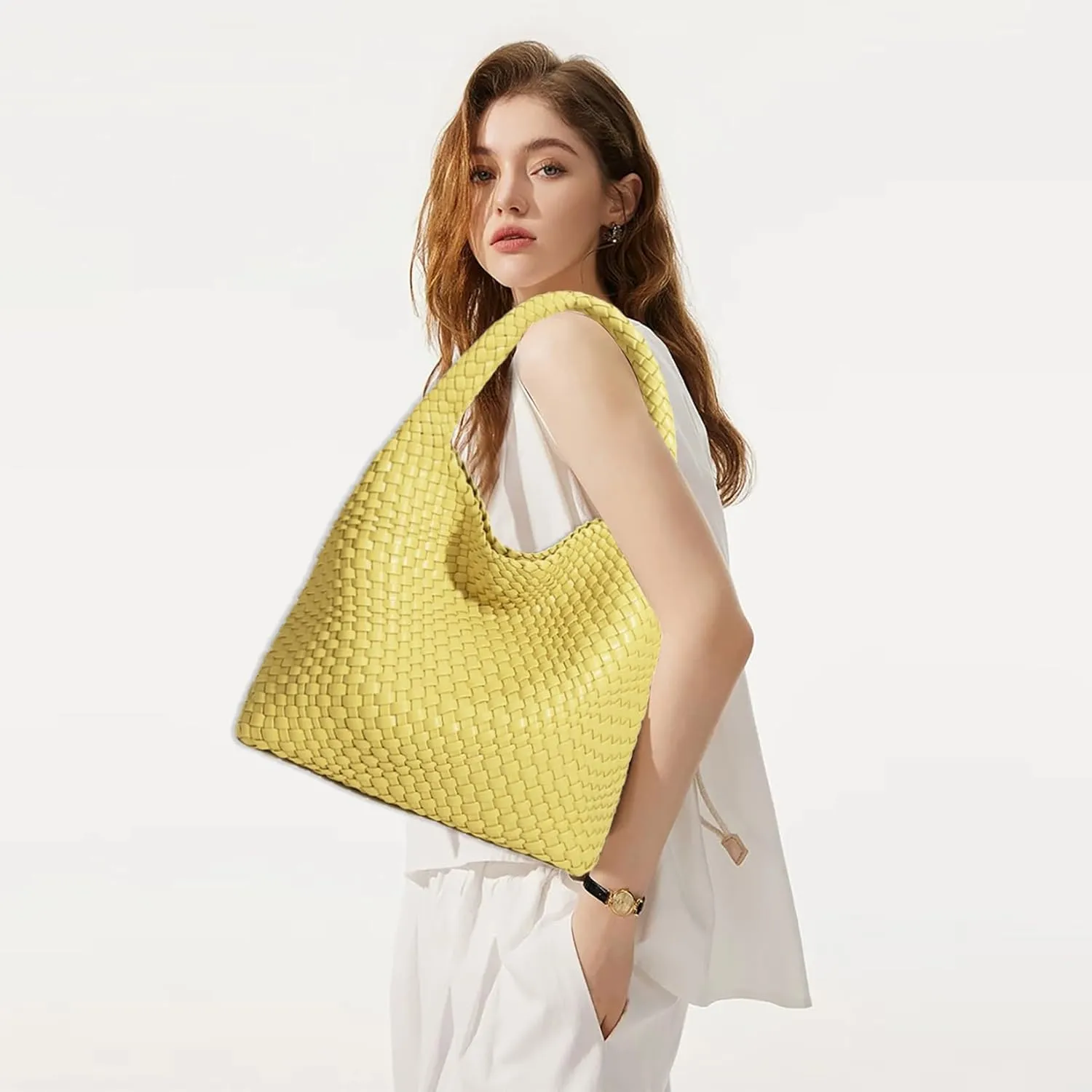 Women Vegan Leather Hand-Woven Tote Handbag Fashion Shoulder Top-handle Bag All-Match Underarm Bag with Purse