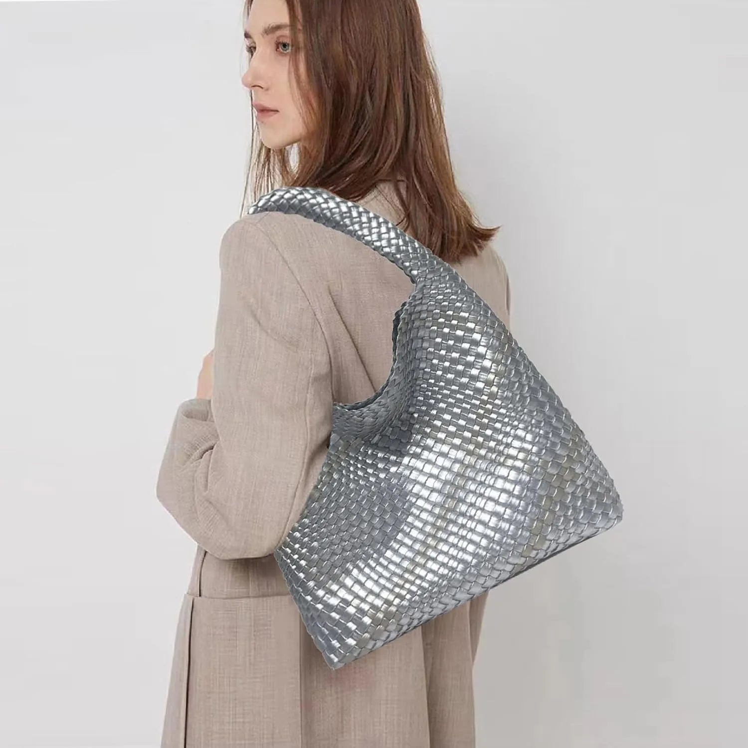 Women Vegan Leather Hand-Woven Tote Handbag Fashion Shoulder Top-handle Bag All-Match Underarm Bag with Purse