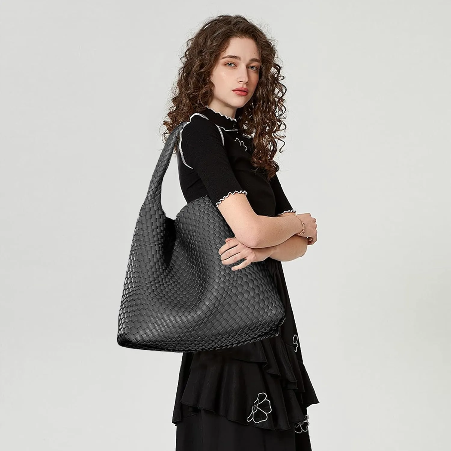 Women Vegan Leather Hand-Woven Tote Handbag Fashion Shoulder Top-handle Bag All-Match Underarm Bag with Purse
