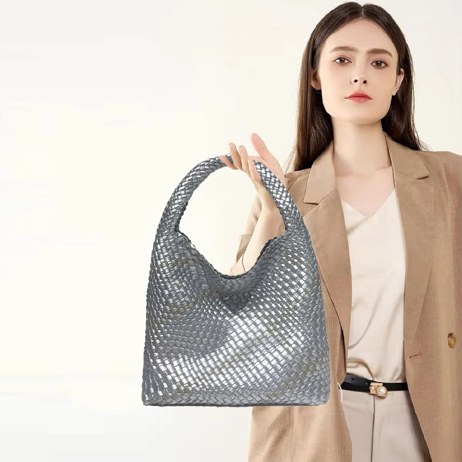 Women Vegan Leather Hand-Woven Tote Handbag Fashion Shoulder Top-handle Bag All-Match Underarm Bag with Purse