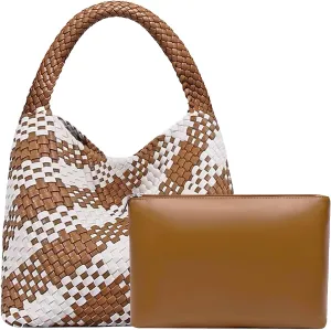 Women Vegan Leather Hand-Woven Tote Handbag Fashion Shoulder Top-handle Bag All-Match Underarm Bag with Purse