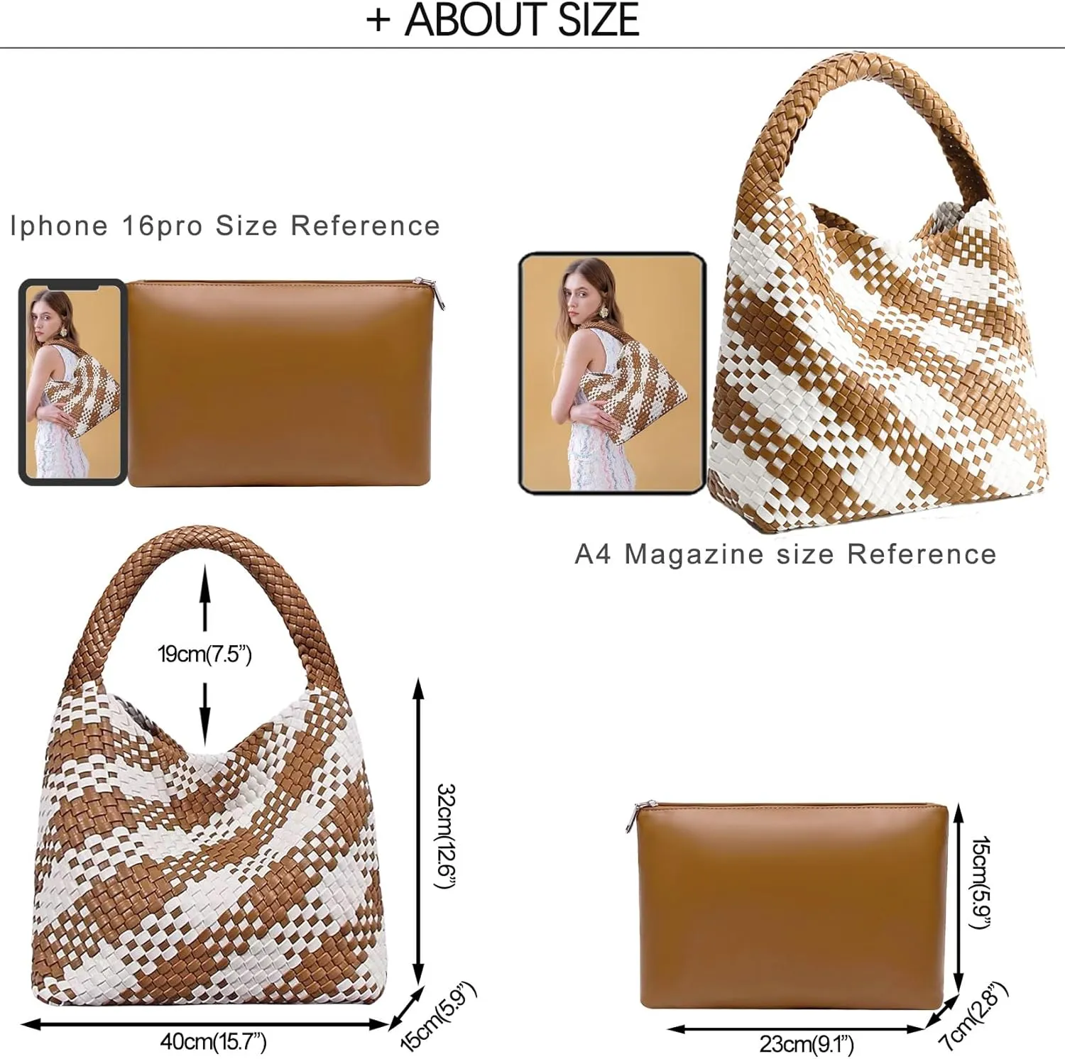 Women Vegan Leather Hand-Woven Tote Handbag Fashion Shoulder Top-handle Bag All-Match Underarm Bag with Purse