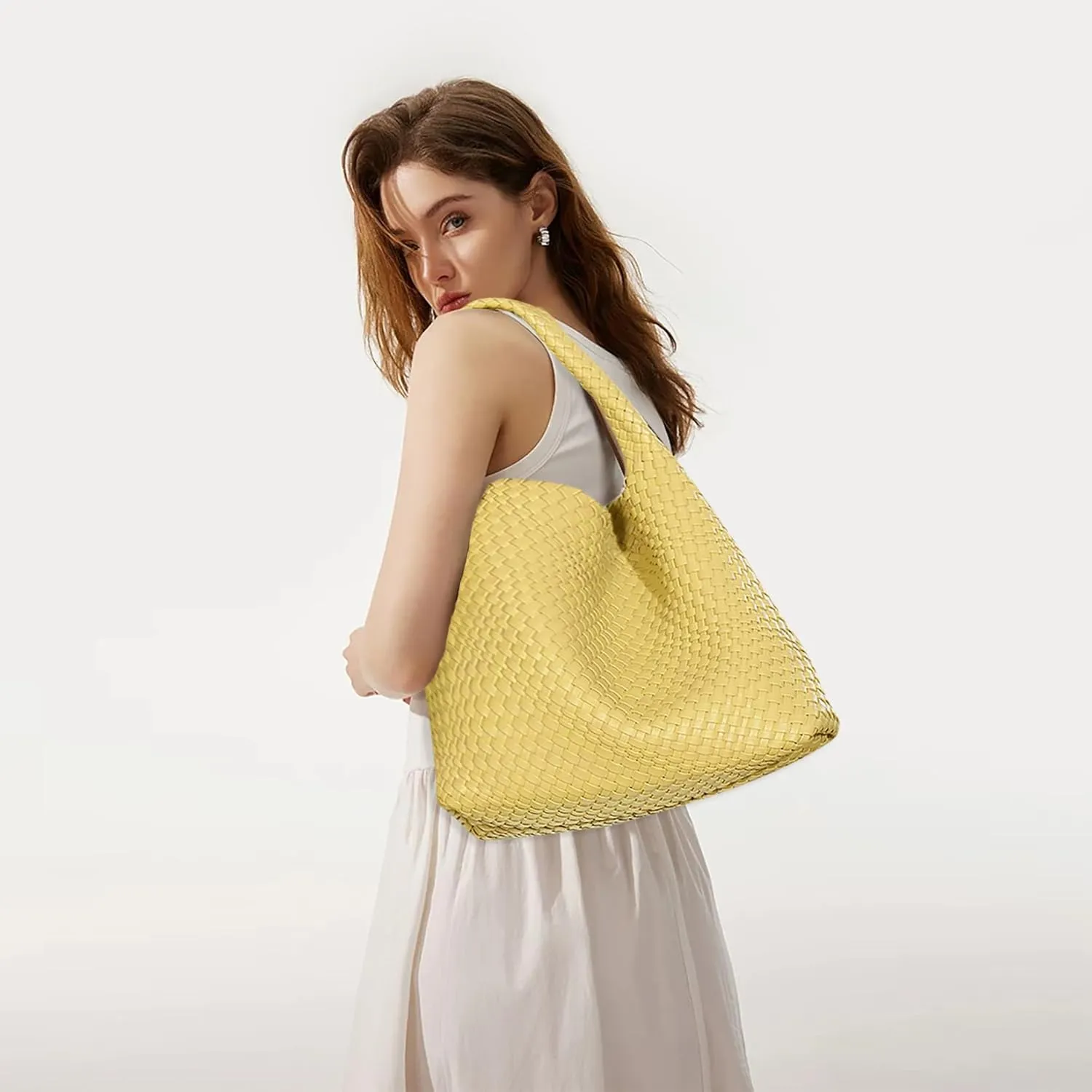 Women Vegan Leather Hand-Woven Tote Handbag Fashion Shoulder Top-handle Bag All-Match Underarm Bag with Purse