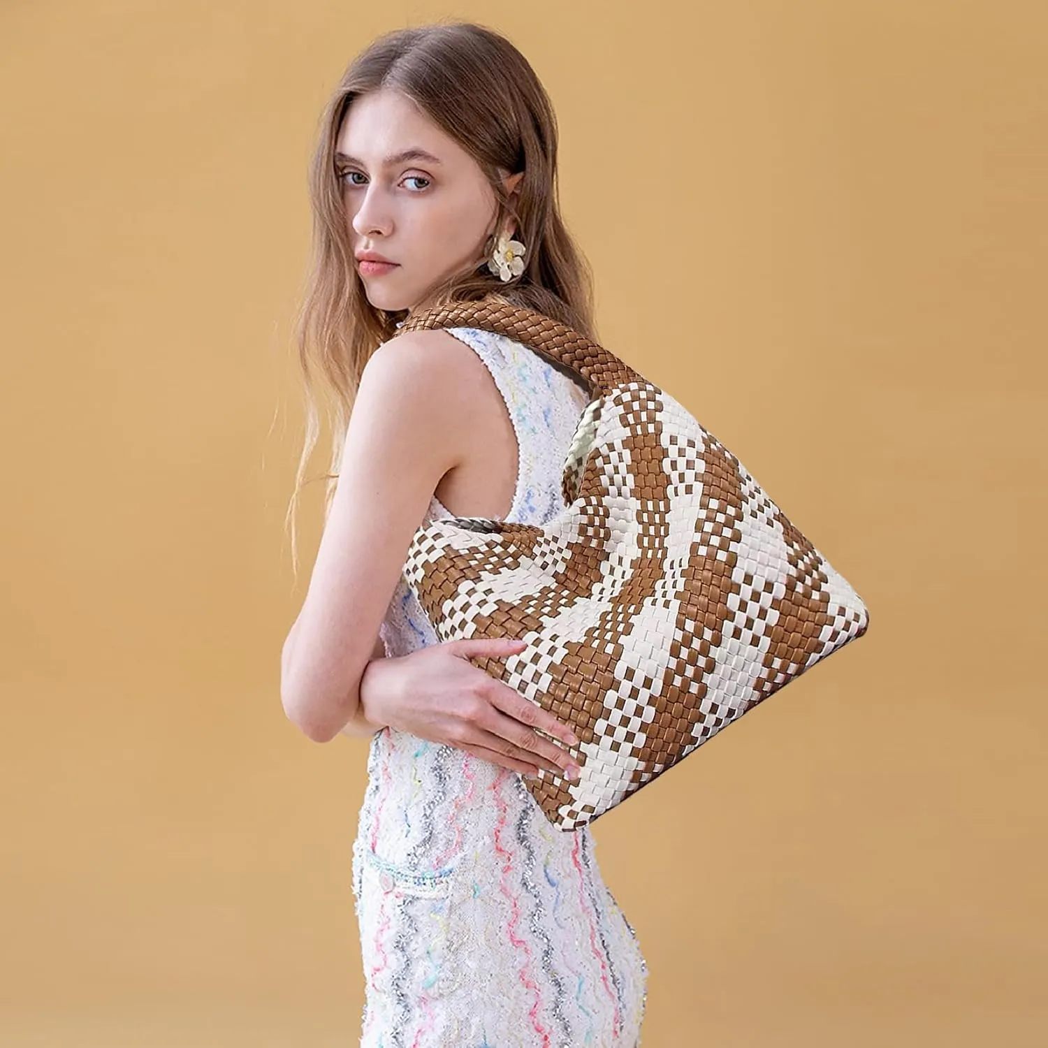 Women Vegan Leather Hand-Woven Tote Handbag Fashion Shoulder Top-handle Bag All-Match Underarm Bag with Purse