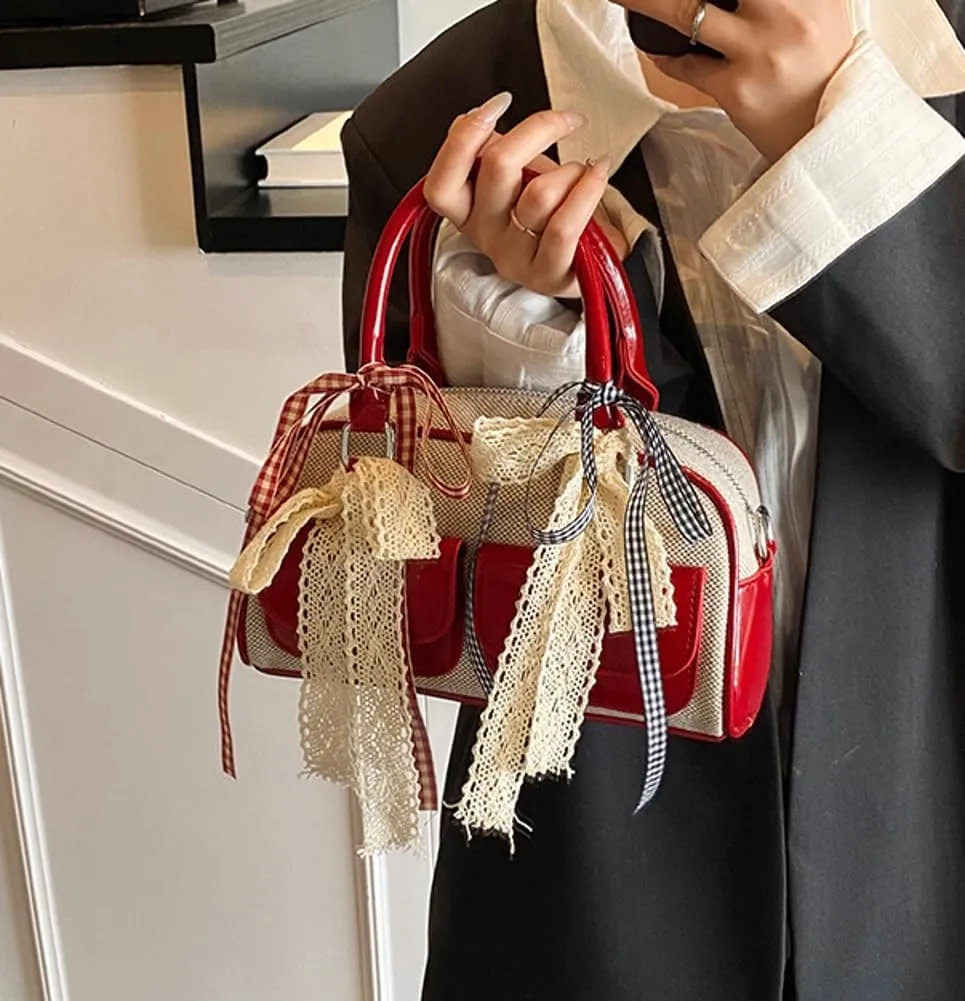 Women Woven Bag Bow Purse Y2k Ballet Hobo Purse Vintage Crossbody Bags Boston Handbags Trendy Satchel Sling Bag 2025 Fashion