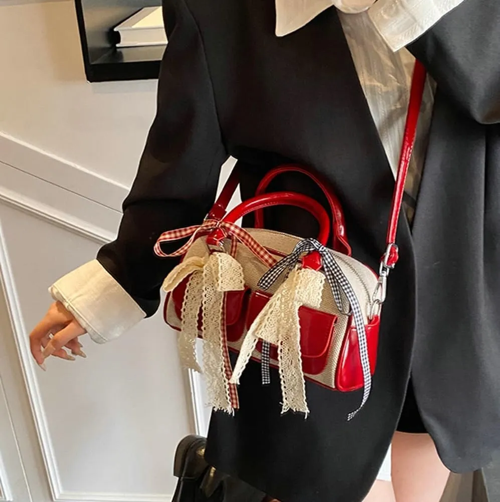 Women Woven Bag Bow Purse Y2k Ballet Hobo Purse Vintage Crossbody Bags Boston Handbags Trendy Satchel Sling Bag 2025 Fashion