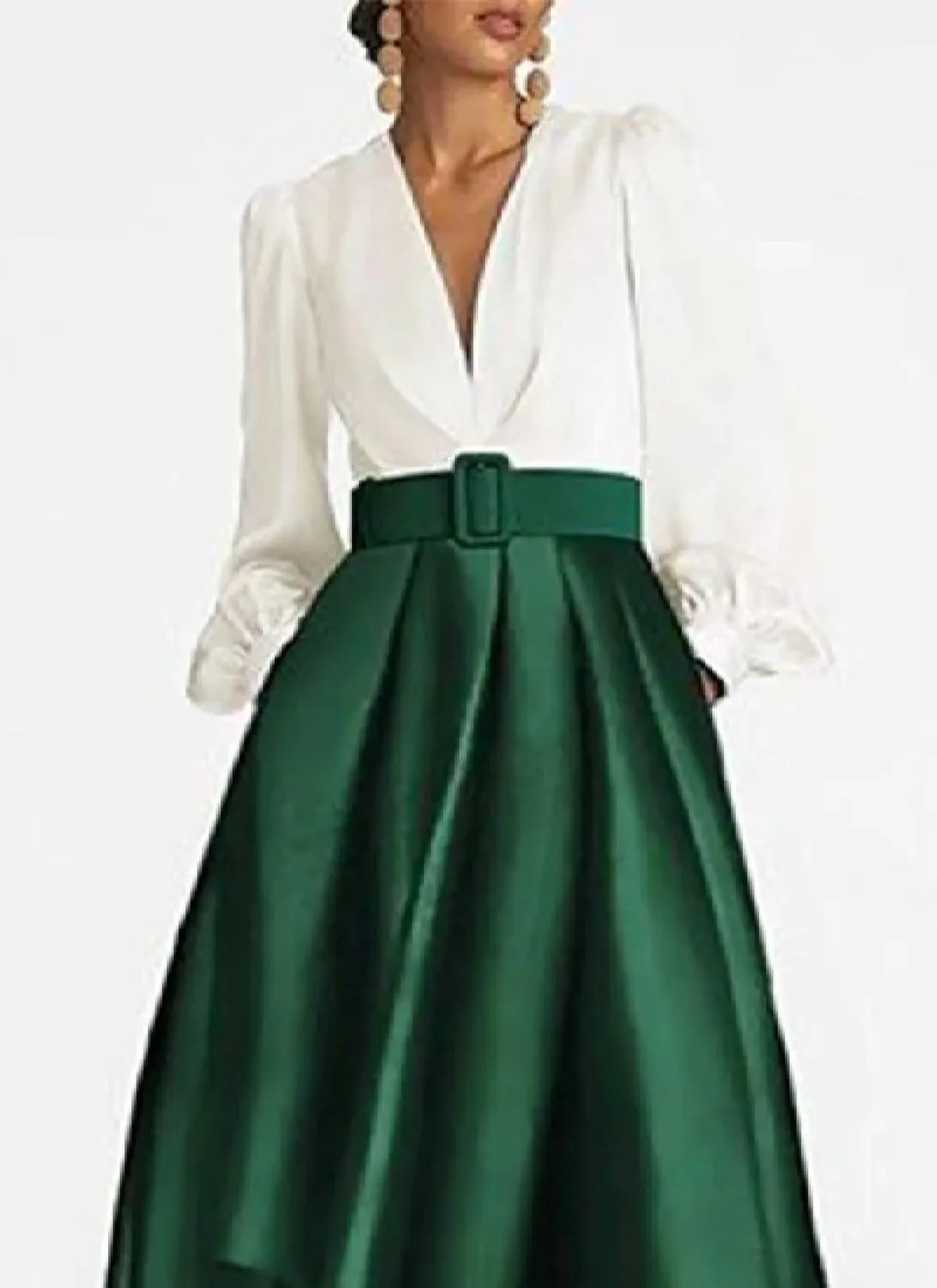 Women's 2025 Summer Elegant Green Color Block V-Neck Long Sleeve High Waist Maxi Dress Fashion Going Out Formal Dresses