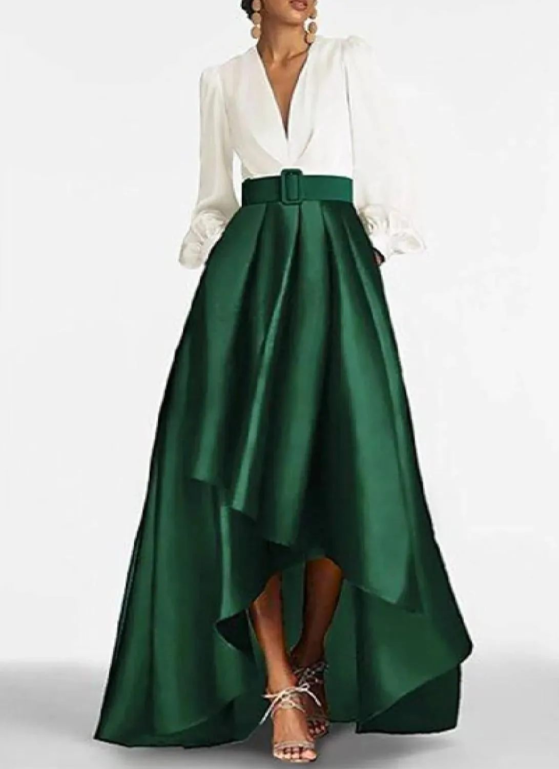 Women's 2025 Summer Elegant Green Color Block V-Neck Long Sleeve High Waist Maxi Dress Fashion Going Out Formal Dresses