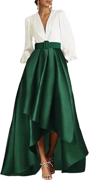 Women's 2025 Summer Elegant Green Color Block V-Neck Long Sleeve High Waist Maxi Dress Fashion Going Out Formal Dresses