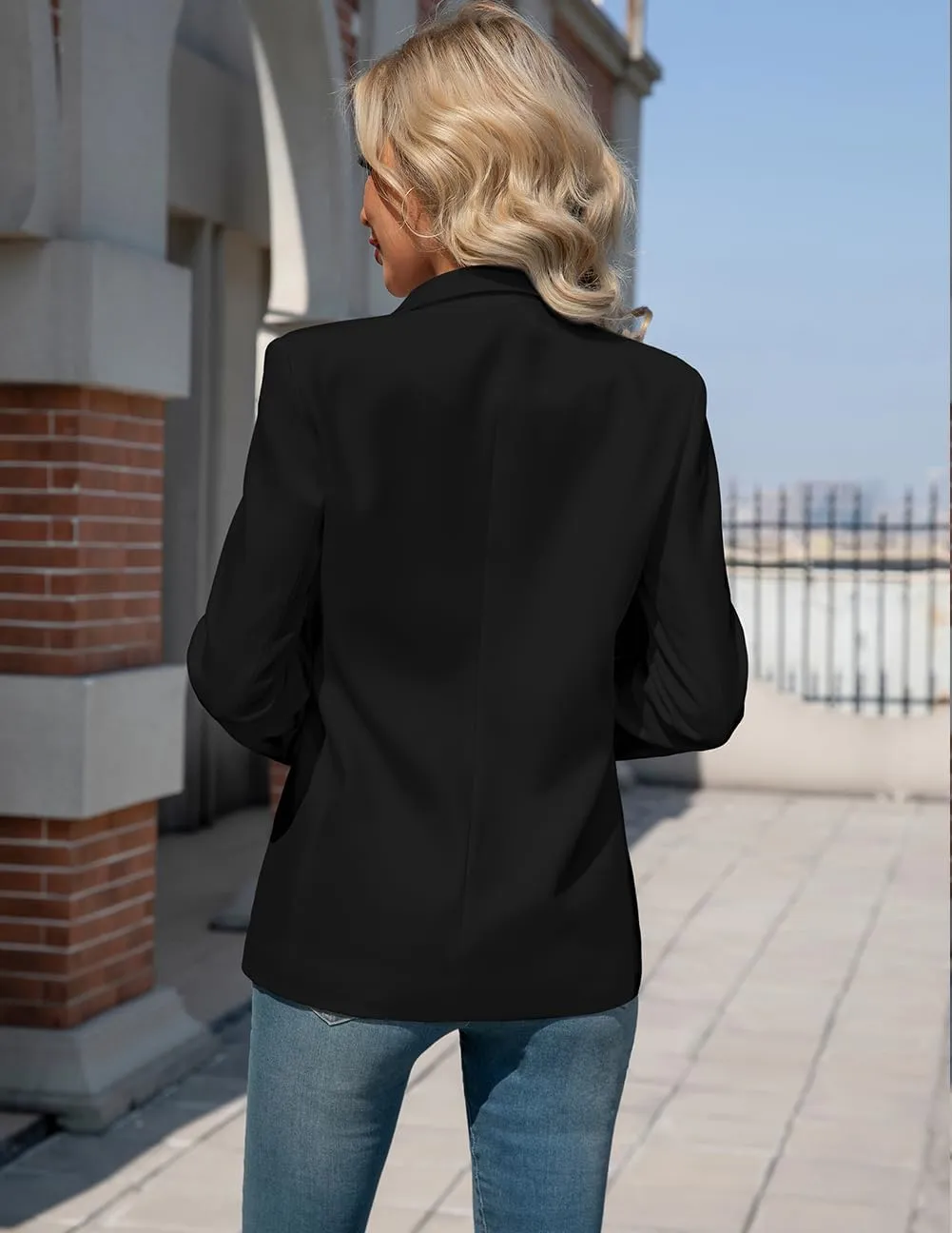 Women's Blazers Business Casual Padded Shoulder Blazer - Long Sleeve Slim Fit Work Office Suit Jackets with Pockets