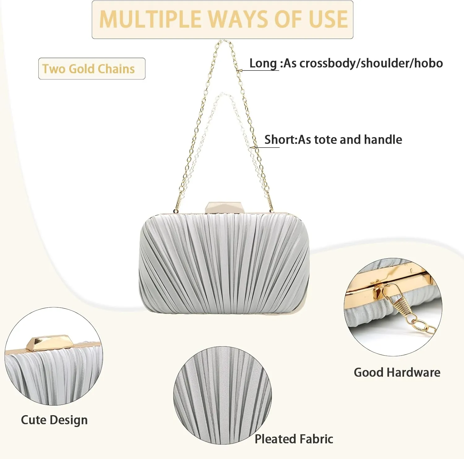 Women's Evening Bag Summer Wedding Party Clutches Pleated Evening Bag for Bridal Shoulder Handbag
