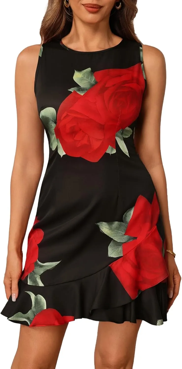 Women's Floral Print Ruffle Mini Dress Wrap Crew Neck Sleeveless Bodycon Evening Dresses