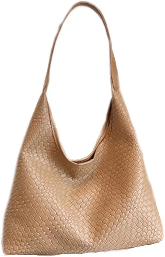Women's Handbag Woven Hobo Shoulder Bag, Large Capacity Tote, PU Leather, Magnetic Closure