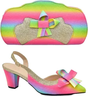 Women's Italian Women Party Shoe & Bag Set - Colorful Rainbow Butterfly Design Pumps & Purse for Elegant Evening Outfits