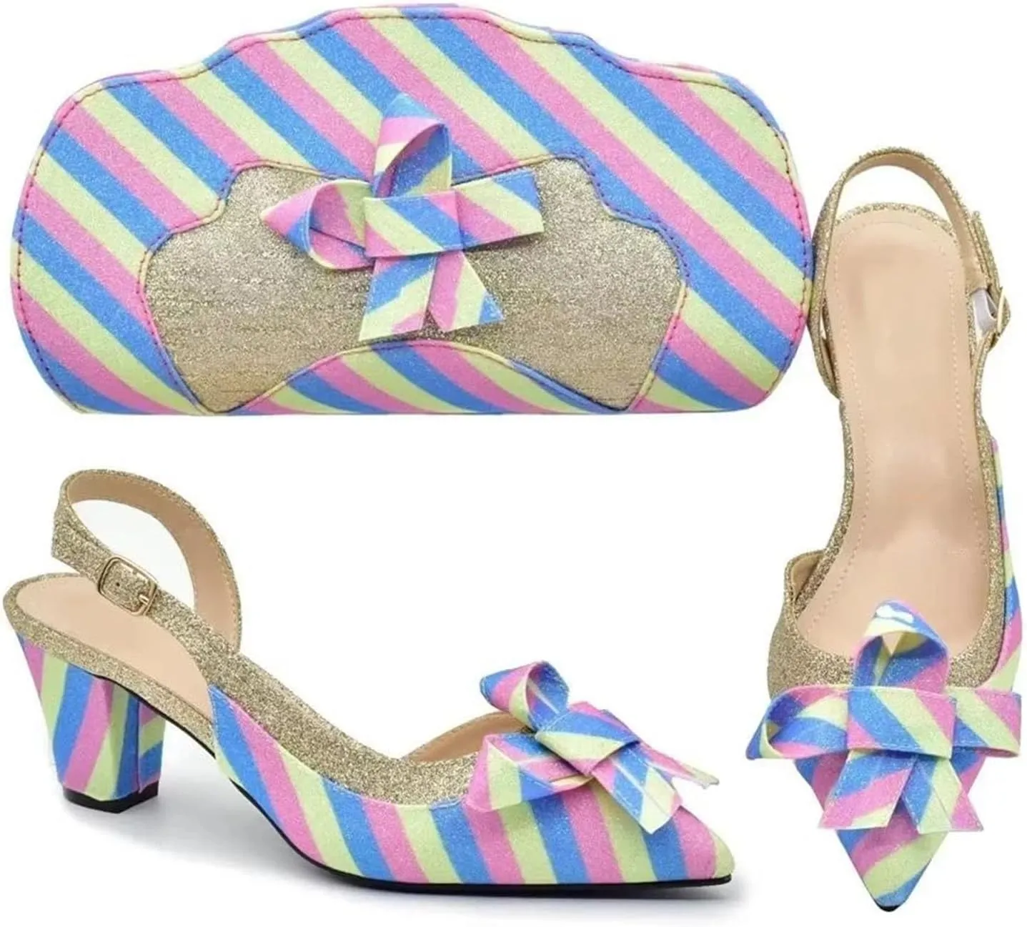 Women's Italian Women Party Shoe & Bag Set - Colorful Rainbow Butterfly Design Pumps & Purse for Elegant Evening Outfits
