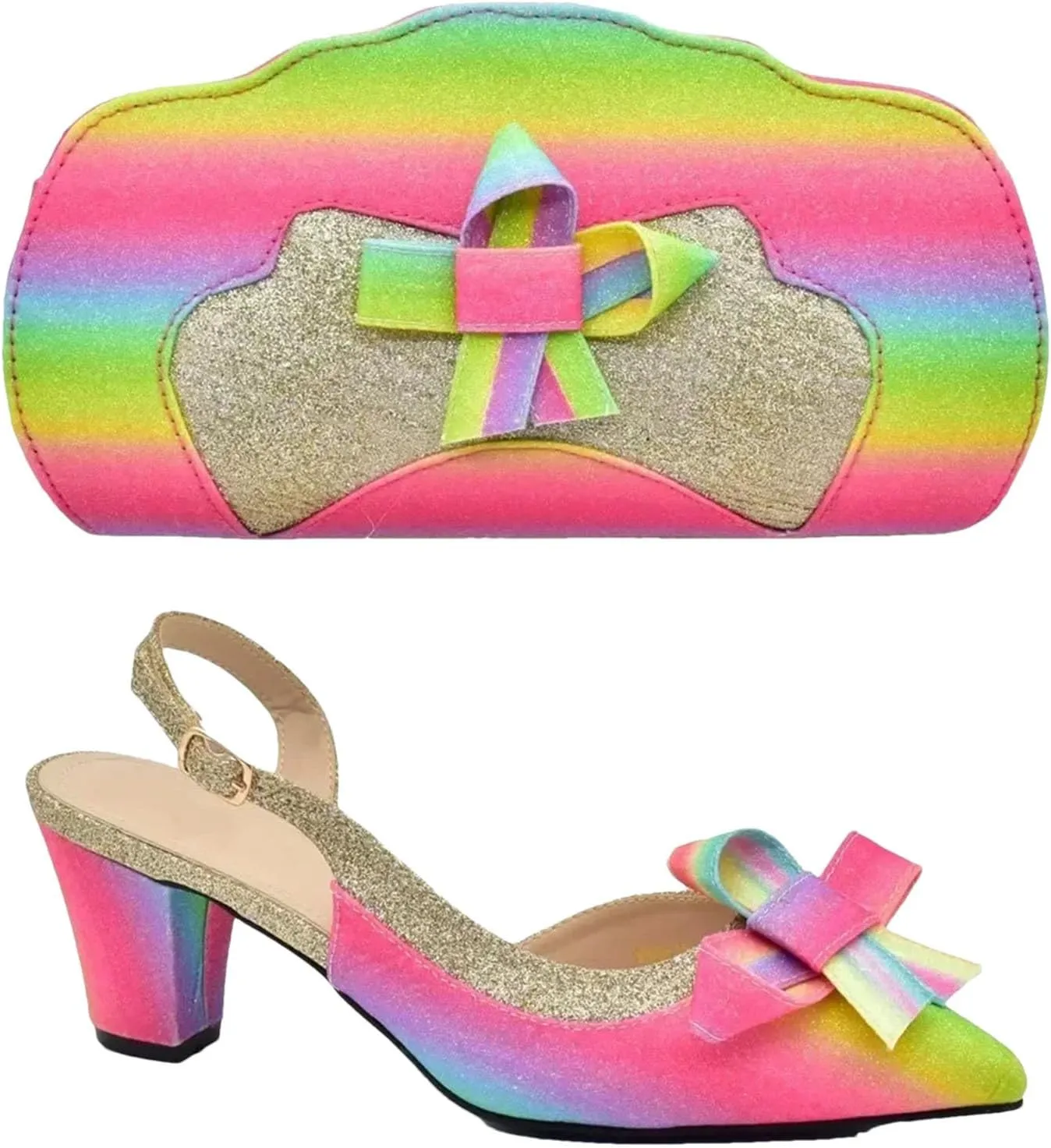 Women's Italian Women Party Shoe & Bag Set - Colorful Rainbow Butterfly Design Pumps & Purse for Elegant Evening Outfits