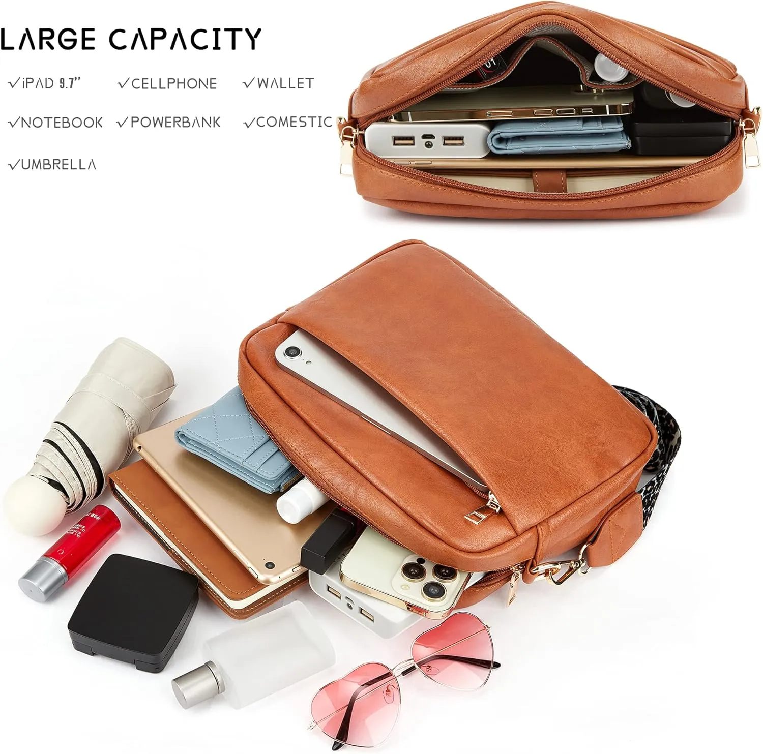 Women's Leather Crossbody Bag Zipper Shoulder Camera Purse