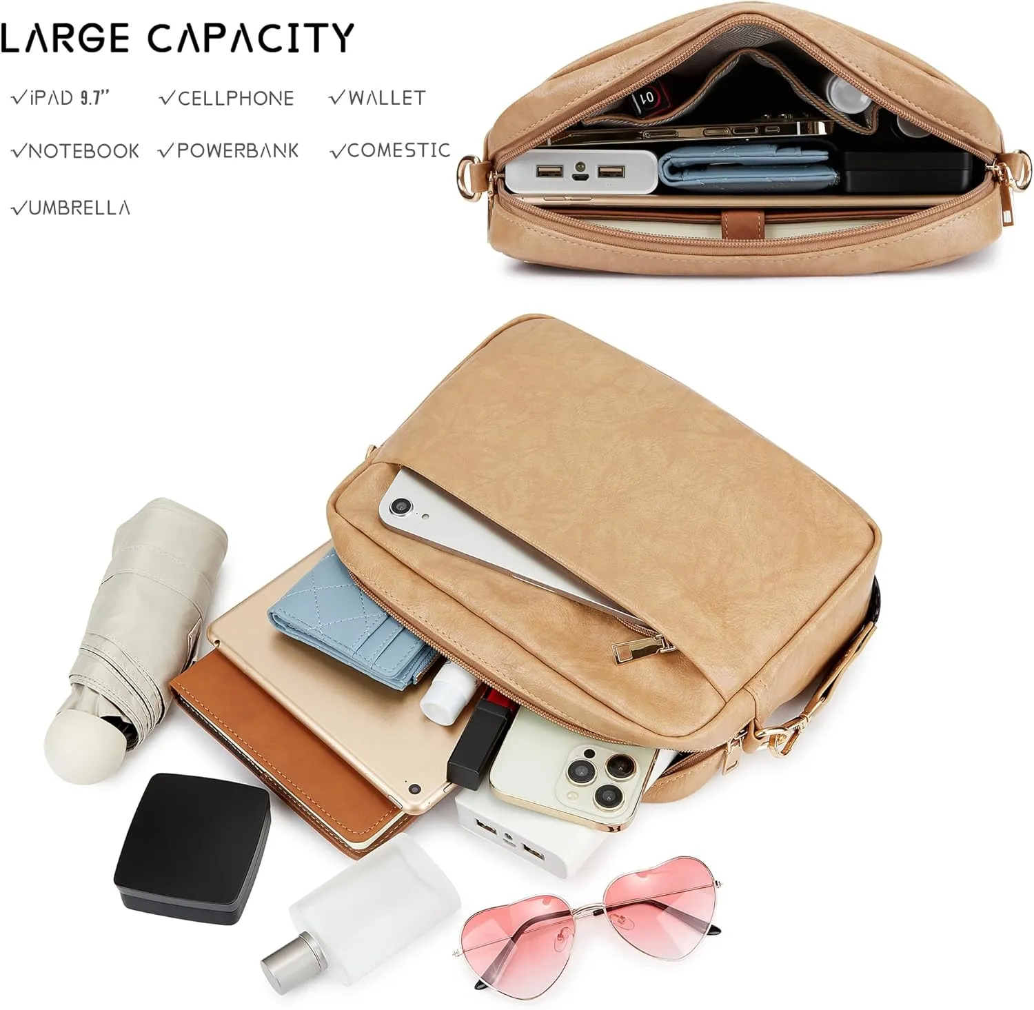 Women's Leather Crossbody Bag Zipper Shoulder Camera Purse
