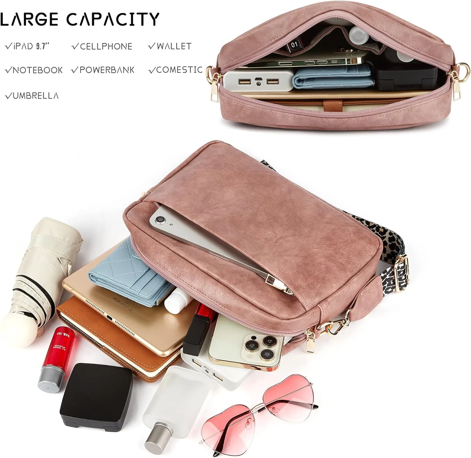 Women's Leather Crossbody Bag Zipper Shoulder Camera Purse