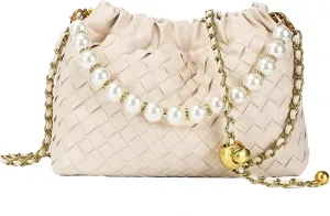 Womens PU Leather Woven Dumpling Purse with Pearl Chain, Crossbody Bag Evening Clutch for Wedding Party Prom