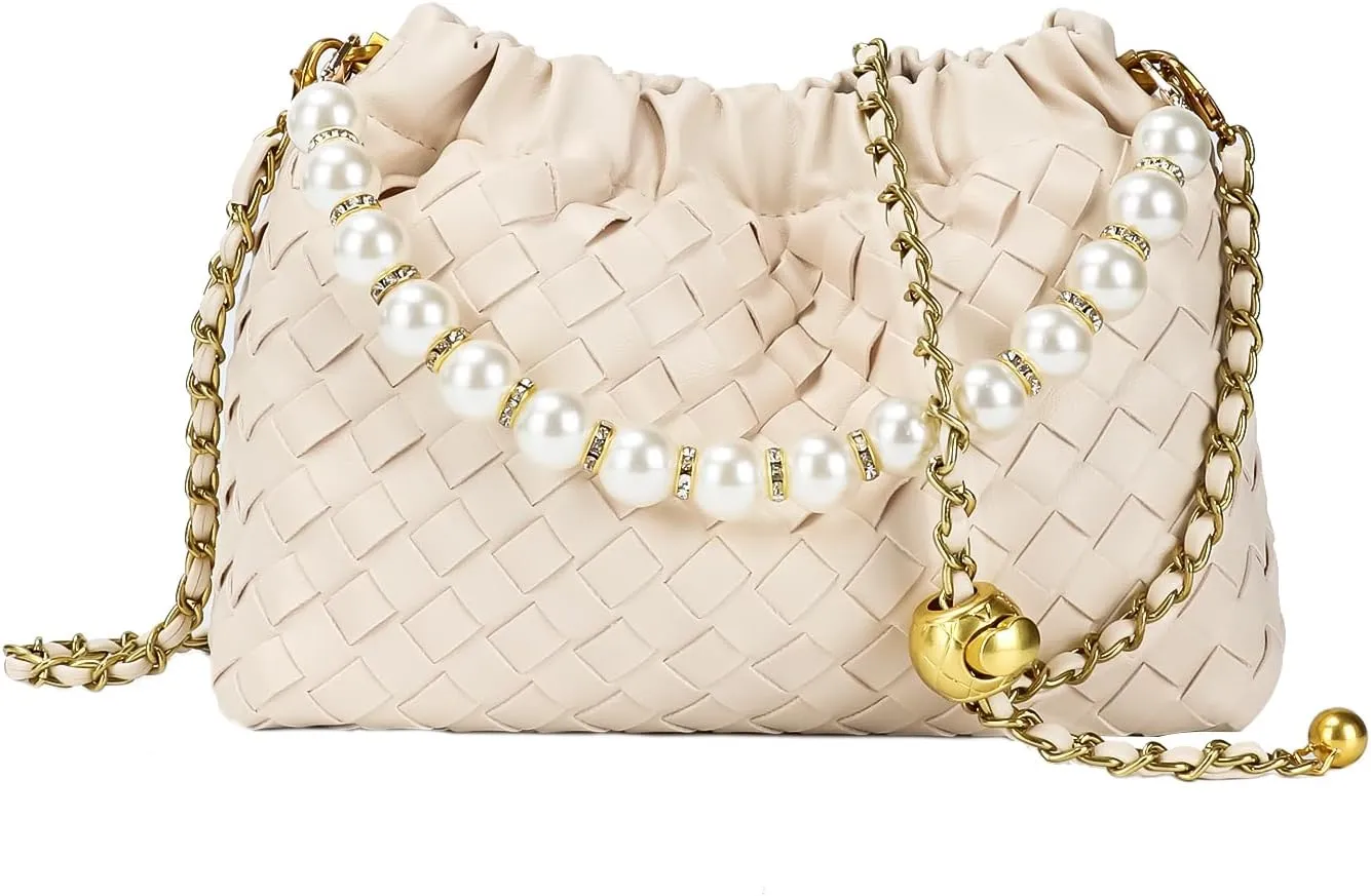 Womens PU Leather Woven Dumpling Purse with Pearl Chain, Crossbody Bag Evening Clutch for Wedding Party Prom