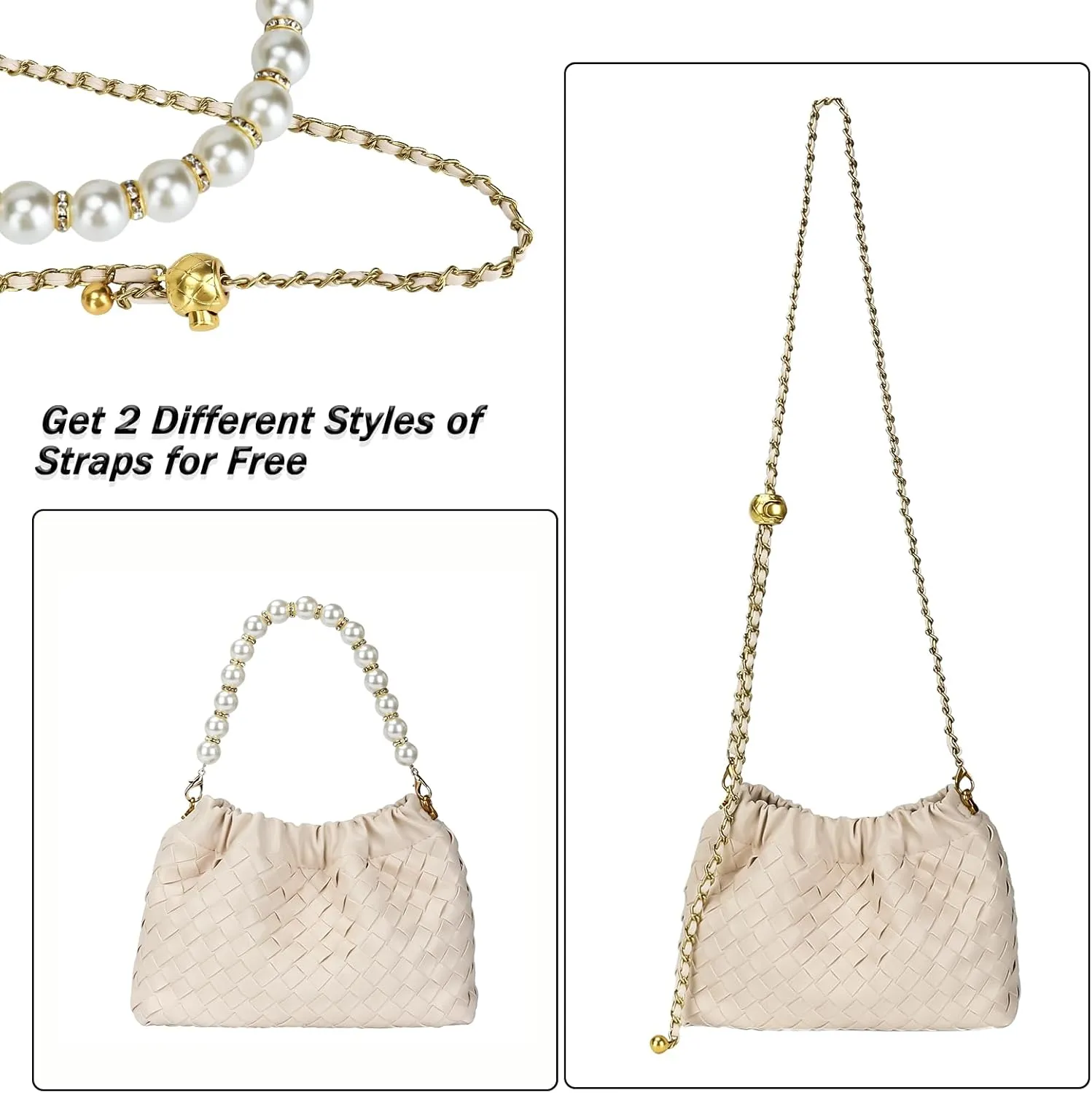 Womens PU Leather Woven Dumpling Purse with Pearl Chain, Crossbody Bag Evening Clutch for Wedding Party Prom