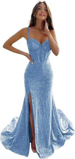 Women's Sequin Mermaid Prom Dresses Long with Slit Spaghetti Straps Formal Party Dresses XOD011