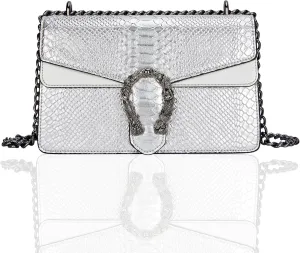 Women's Snake Print Crossbody Shoulder Bag PU Leather Satchel Chain Purse Evening Clutch Handbag