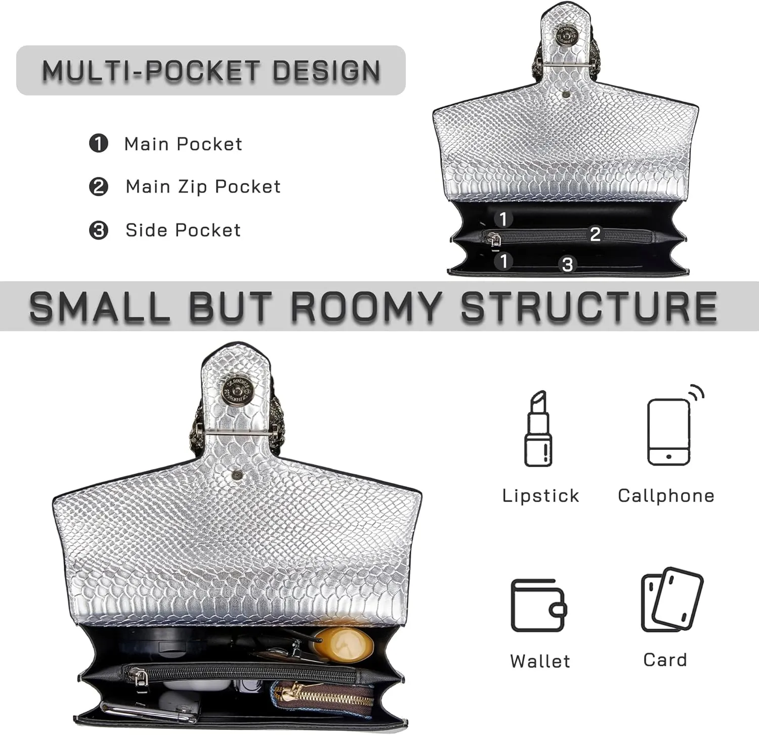 Women's Snake Print Crossbody Shoulder Bag PU Leather Satchel Chain Purse Evening Clutch Handbag