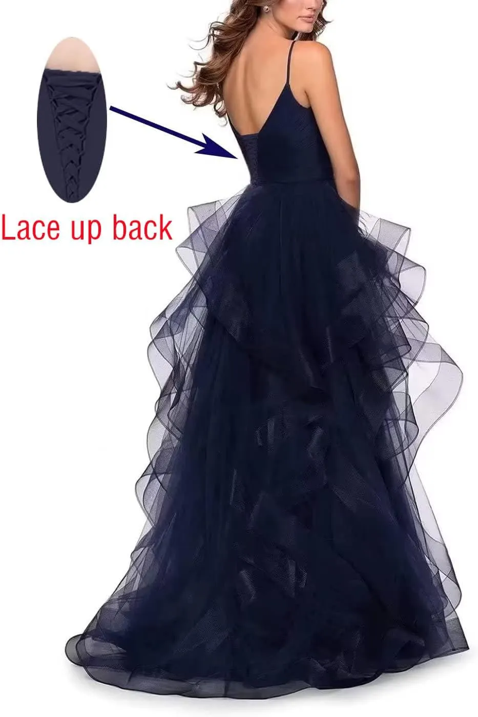 Women's Sparkle Tulle Prom Dresses V Neck Spaghetti Straps Ball Gowns Long Fluffy Layered Formal Evening Dress