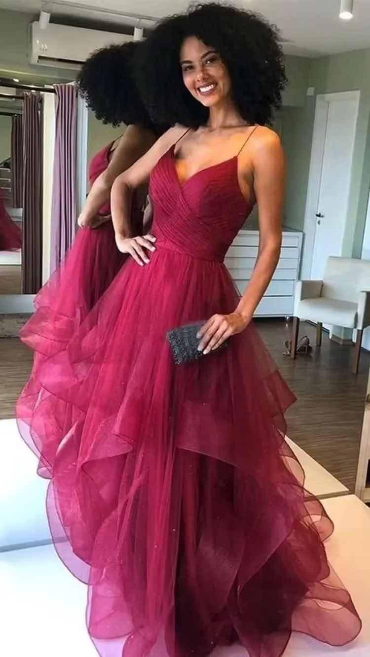 Women's Sparkle Tulle Prom Dresses V Neck Spaghetti Straps Ball Gowns Long Fluffy Layered Formal Evening Dress