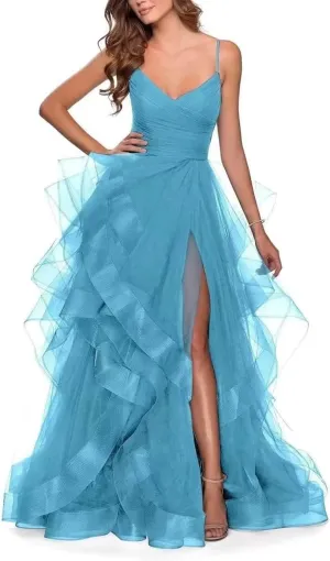Women's Sparkle Tulle Prom Dresses V Neck Spaghetti Straps Ball Gowns Long Fluffy Layered Formal Evening Dress