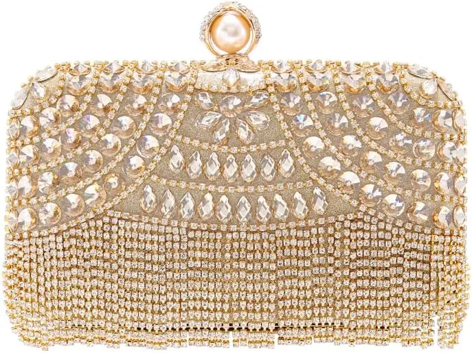Women's Sparkly Evening Clutch Purse Rhinestone Tassel Cossbody Bag Pearl with Detachable Chain Partynight Wedding