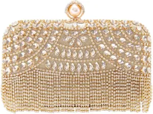 Women's Sparkly Evening Clutch Purse Rhinestone Tassel Cossbody Bag Pearl with Detachable Chain Partynight Wedding